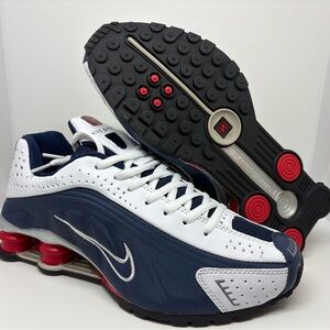 Men’s Nike Shox R4 - White, Navy, and Red Athletic Sneakers